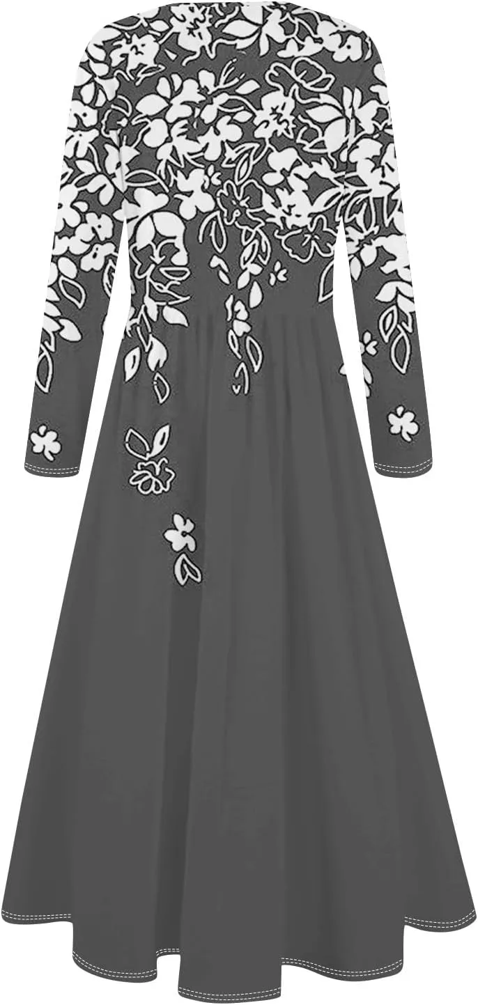 ZEFOTIM Long Sleeve Dresses for Women Casual Crewneck with Pockets Vacation Floral Dresses Spring Summer Dresses