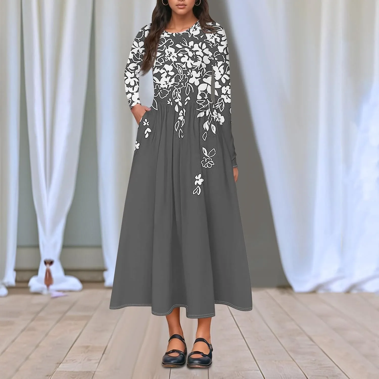 ZEFOTIM Long Sleeve Dresses for Women Casual Crewneck with Pockets Vacation Floral Dresses Spring Summer Dresses