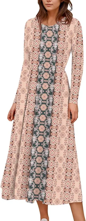 ZEFOTIM Long Sleeve Dresses for Women Casual Crewneck with Pockets Vacation Floral Dresses Spring Summer Dresses