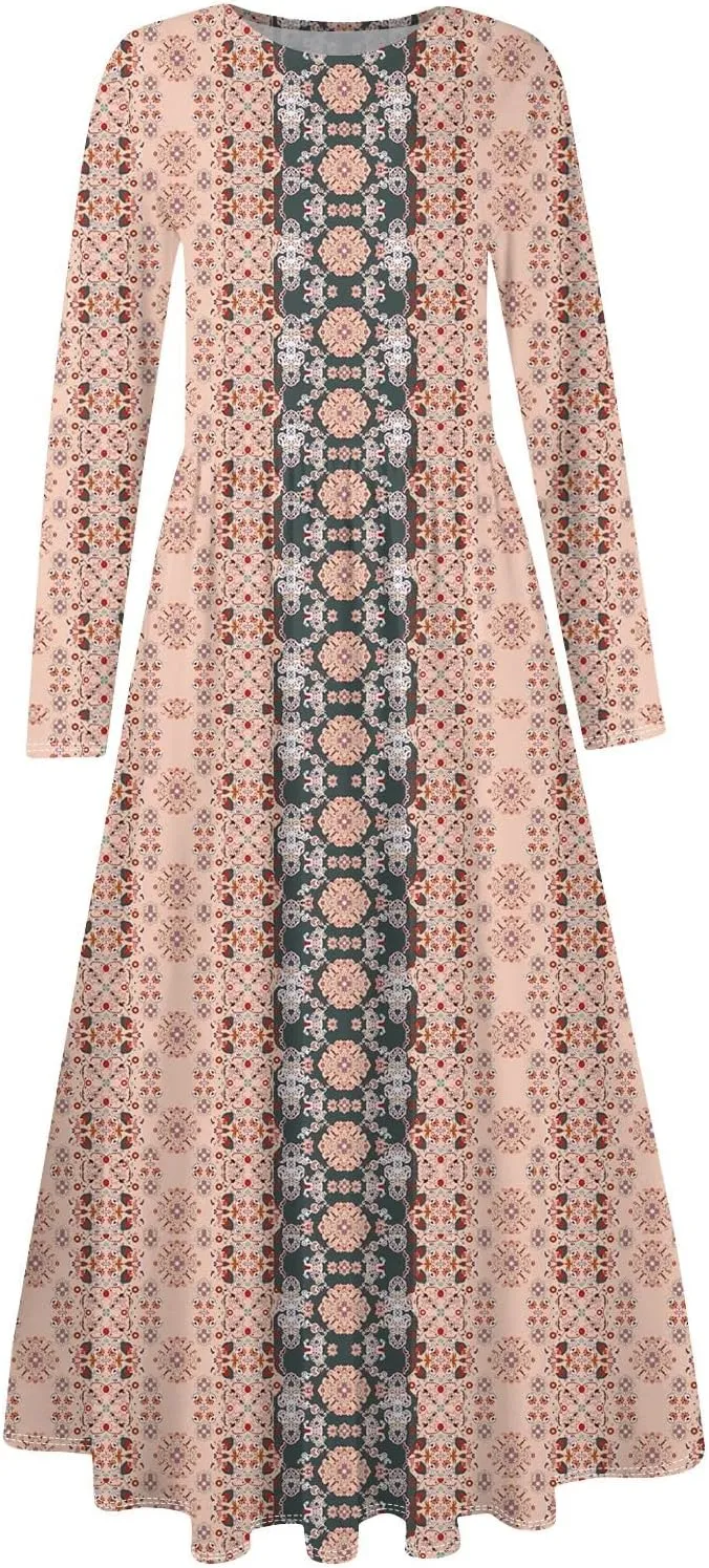 ZEFOTIM Long Sleeve Dresses for Women Casual Crewneck with Pockets Vacation Floral Dresses Spring Summer Dresses
