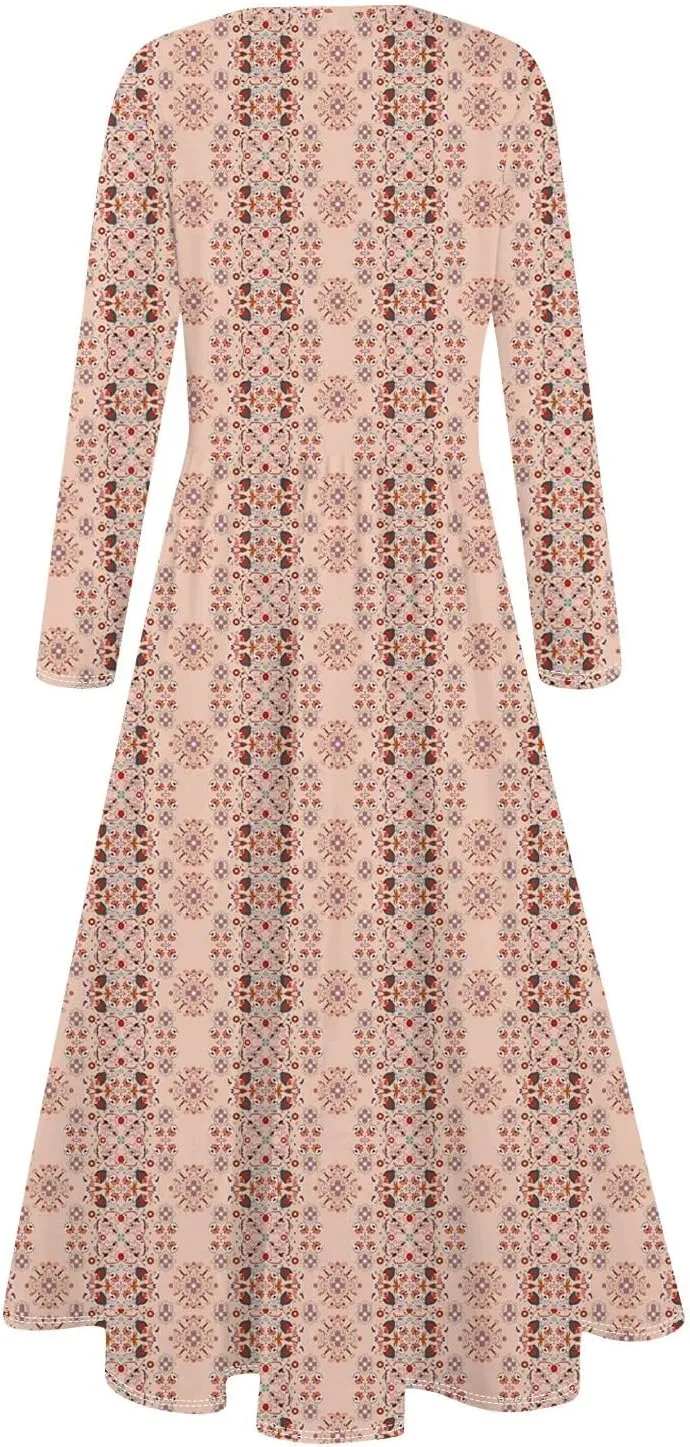 ZEFOTIM Long Sleeve Dresses for Women Casual Crewneck with Pockets Vacation Floral Dresses Spring Summer Dresses