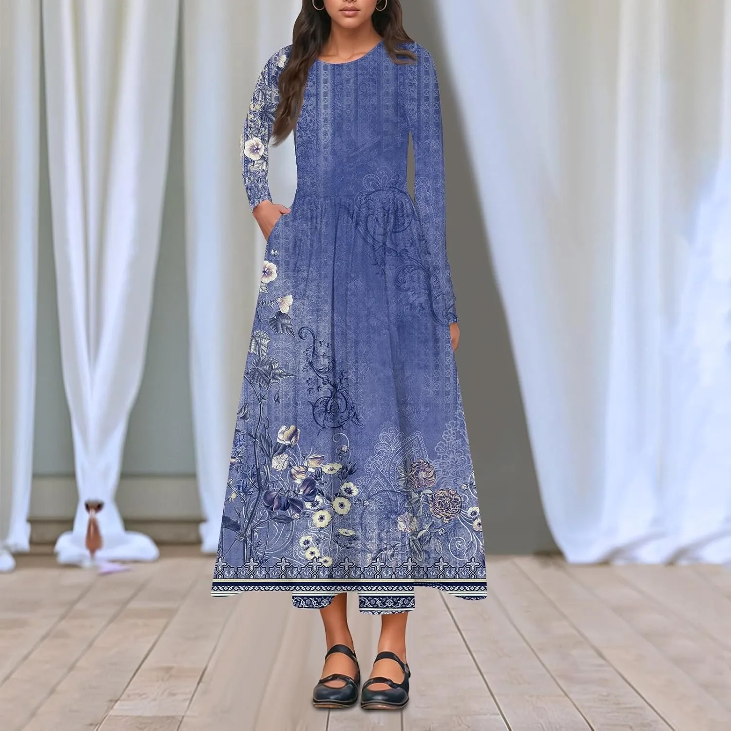 ZEFOTIM Long Sleeve Dresses for Women Casual Crewneck with Pockets Vacation Floral Dresses Spring Summer Dresses