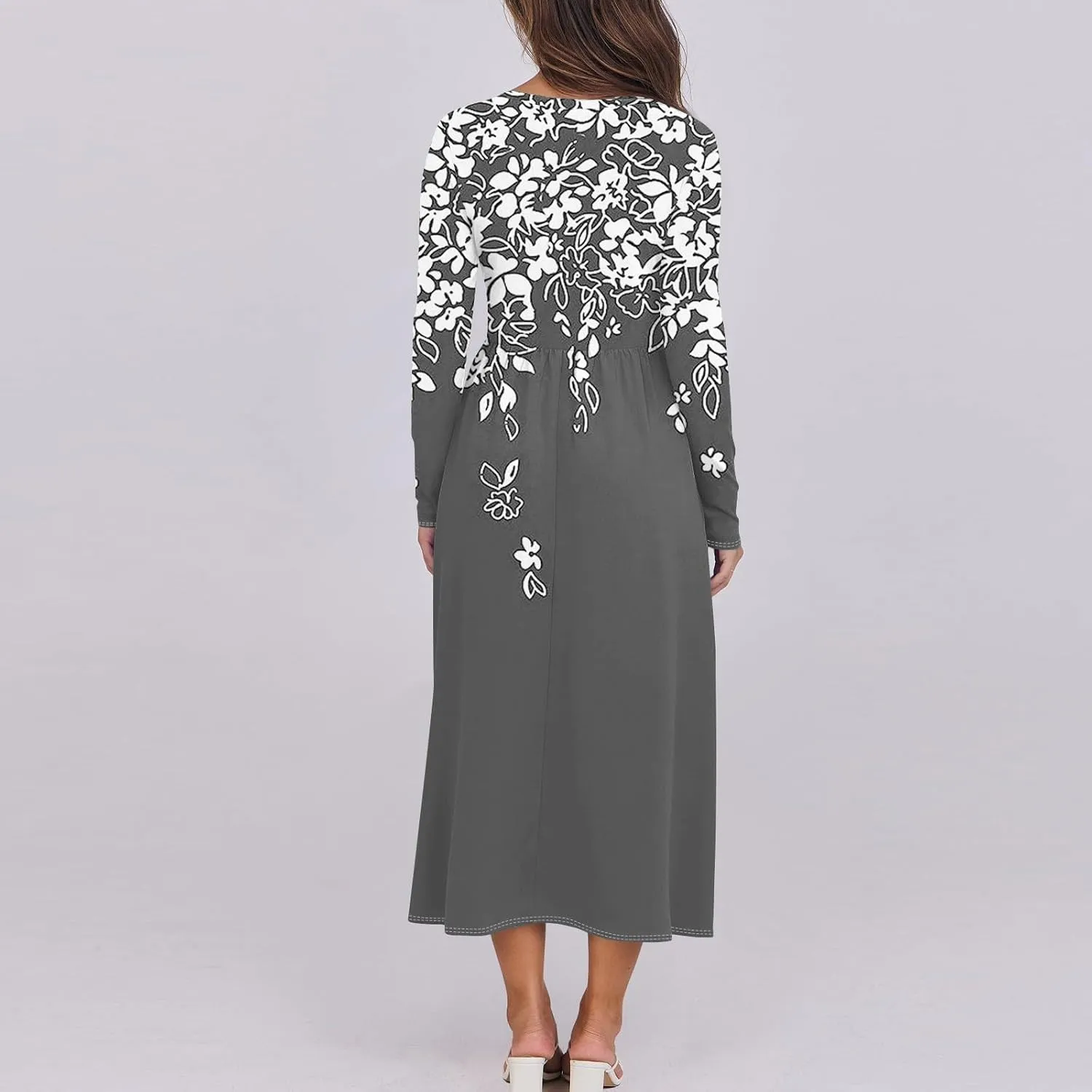ZEFOTIM Long Sleeve Dresses for Women Casual Crewneck with Pockets Vacation Floral Dresses Spring Summer Dresses