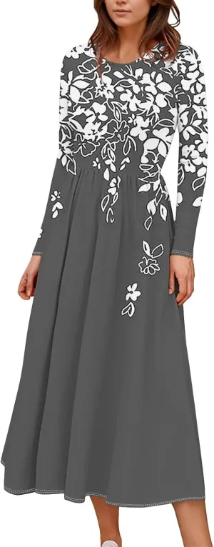 ZEFOTIM Long Sleeve Dresses for Women Casual Crewneck with Pockets Vacation Floral Dresses Spring Summer Dresses