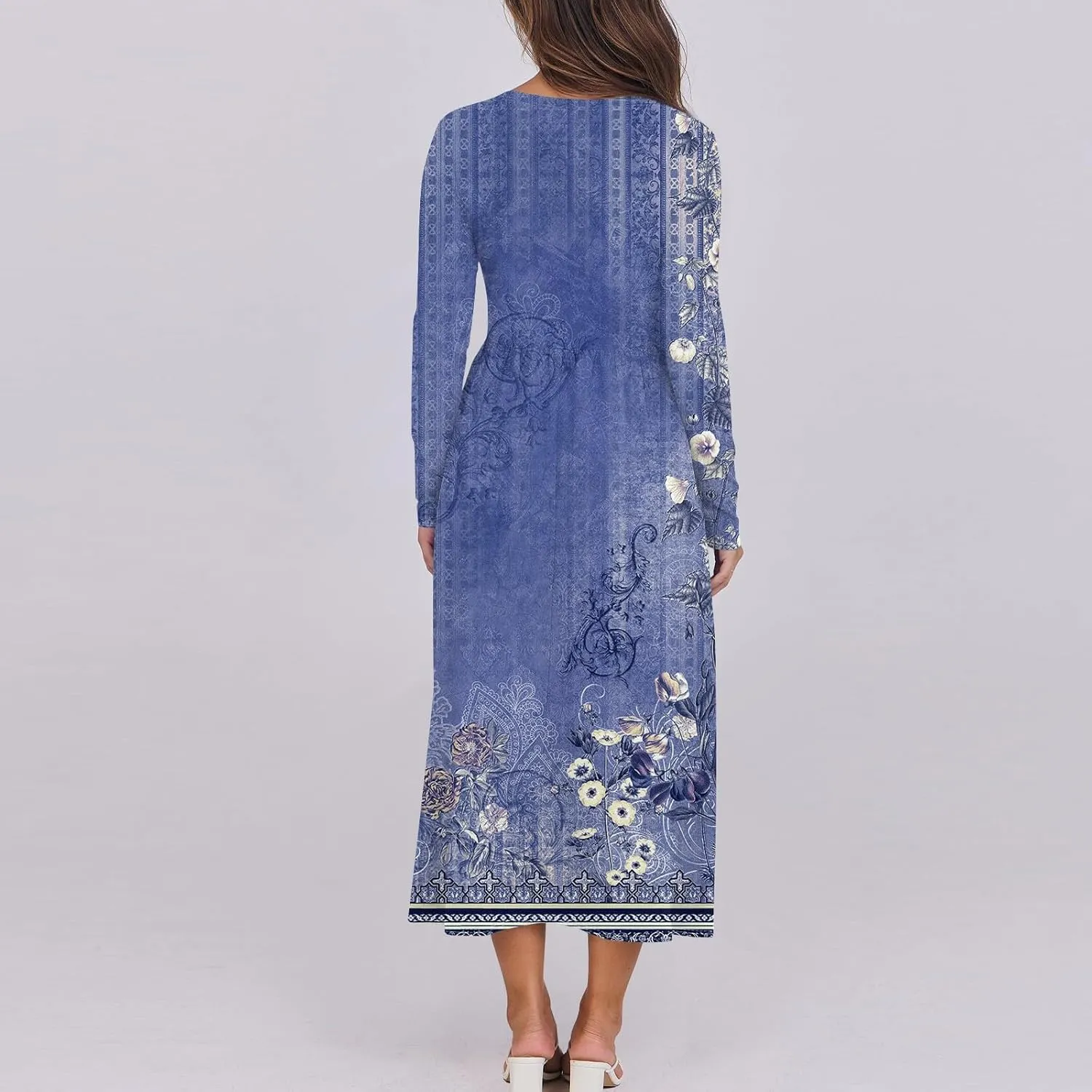 ZEFOTIM Long Sleeve Dresses for Women Casual Crewneck with Pockets Vacation Floral Dresses Spring Summer Dresses