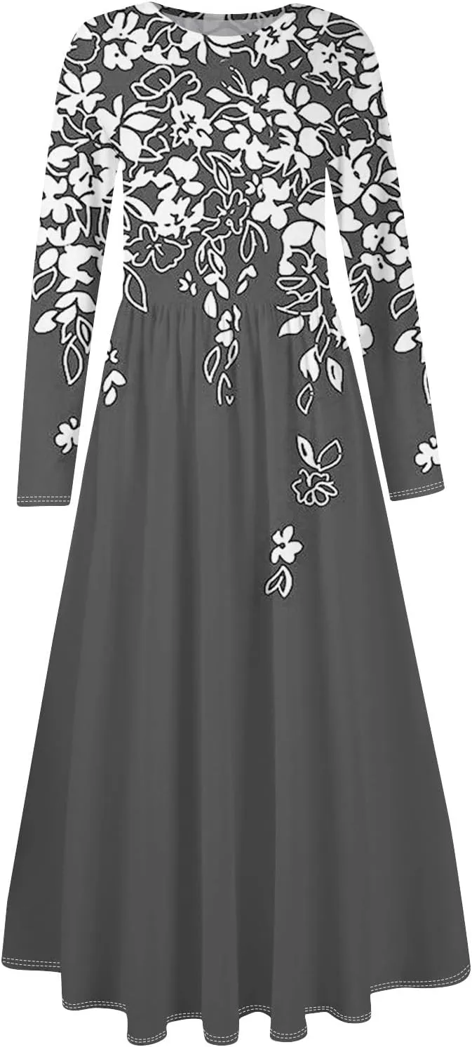 ZEFOTIM Long Sleeve Dresses for Women Casual Crewneck with Pockets Vacation Floral Dresses Spring Summer Dresses