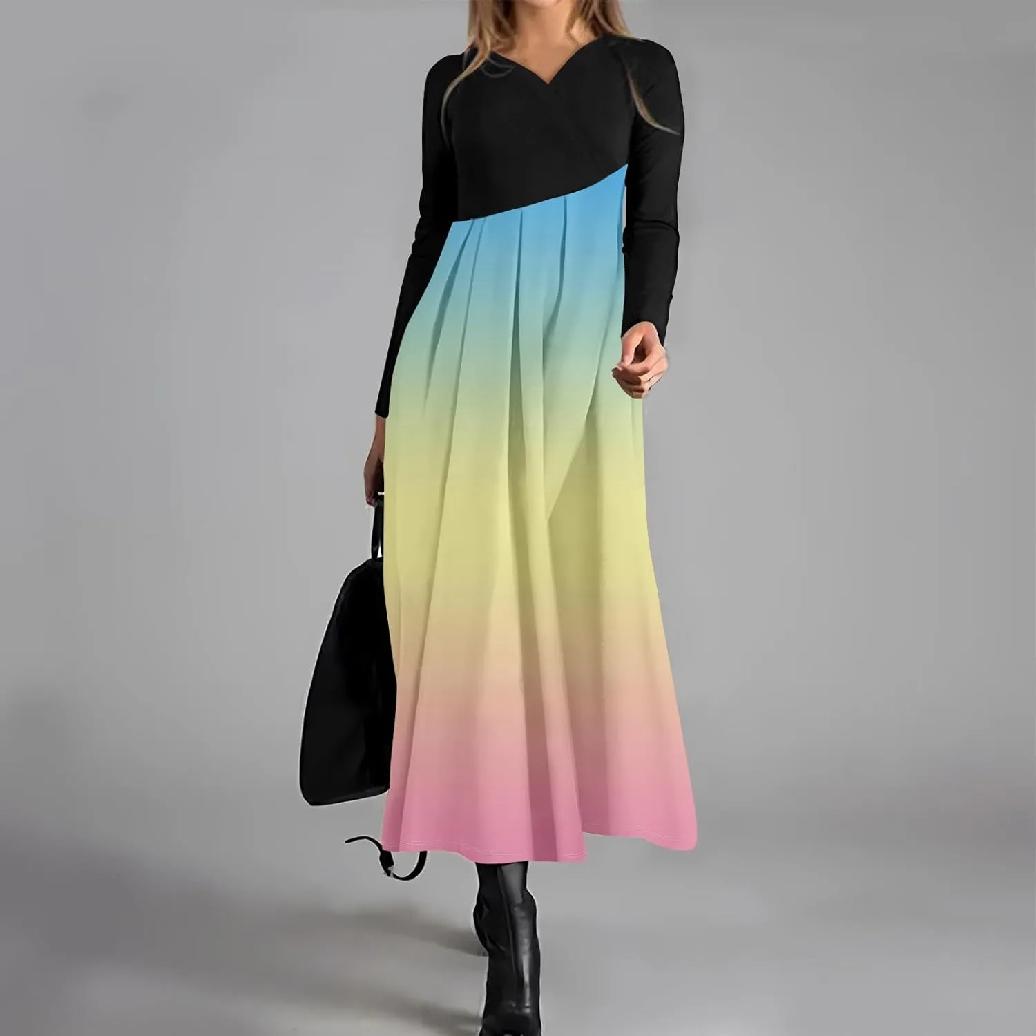 ZEFOTIM Long Sleeve Dresses for Women Color Block Dress for Women Summer Dresses Maxi Dresses V Neck Dresses Spring Dress