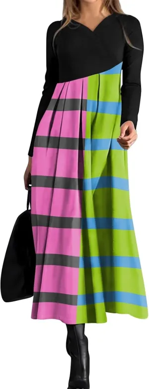 ZEFOTIM Long Sleeve Dresses for Women Color Block Dress for Women Summer Dresses Maxi Dresses V Neck Dresses Spring Dress