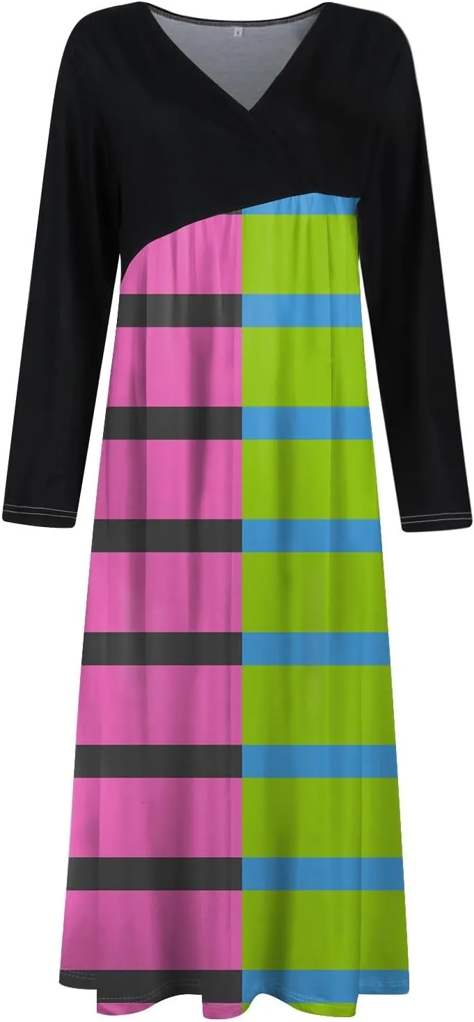 ZEFOTIM Long Sleeve Dresses for Women Color Block Dress for Women Summer Dresses Maxi Dresses V Neck Dresses Spring Dress