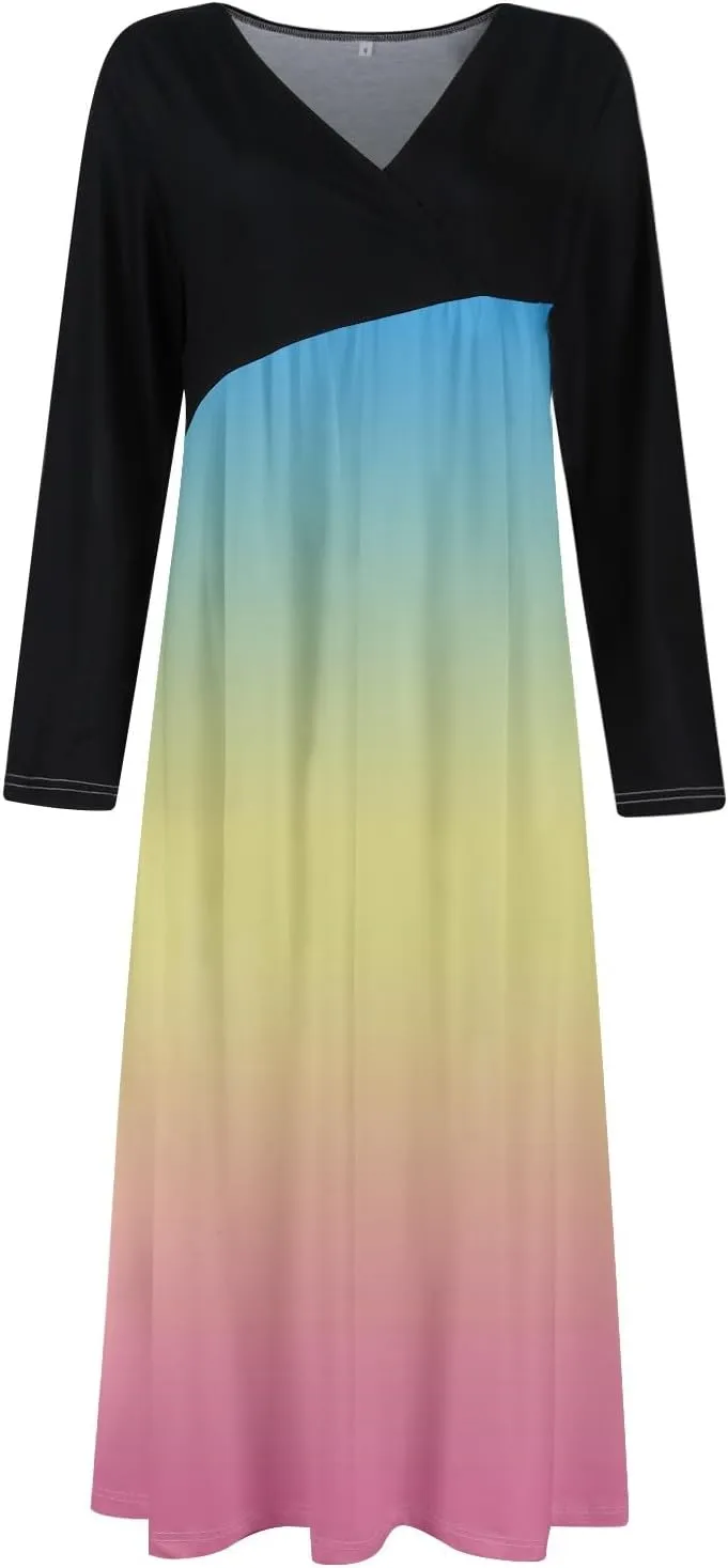 ZEFOTIM Long Sleeve Dresses for Women Color Block Dress for Women Summer Dresses Maxi Dresses V Neck Dresses Spring Dress