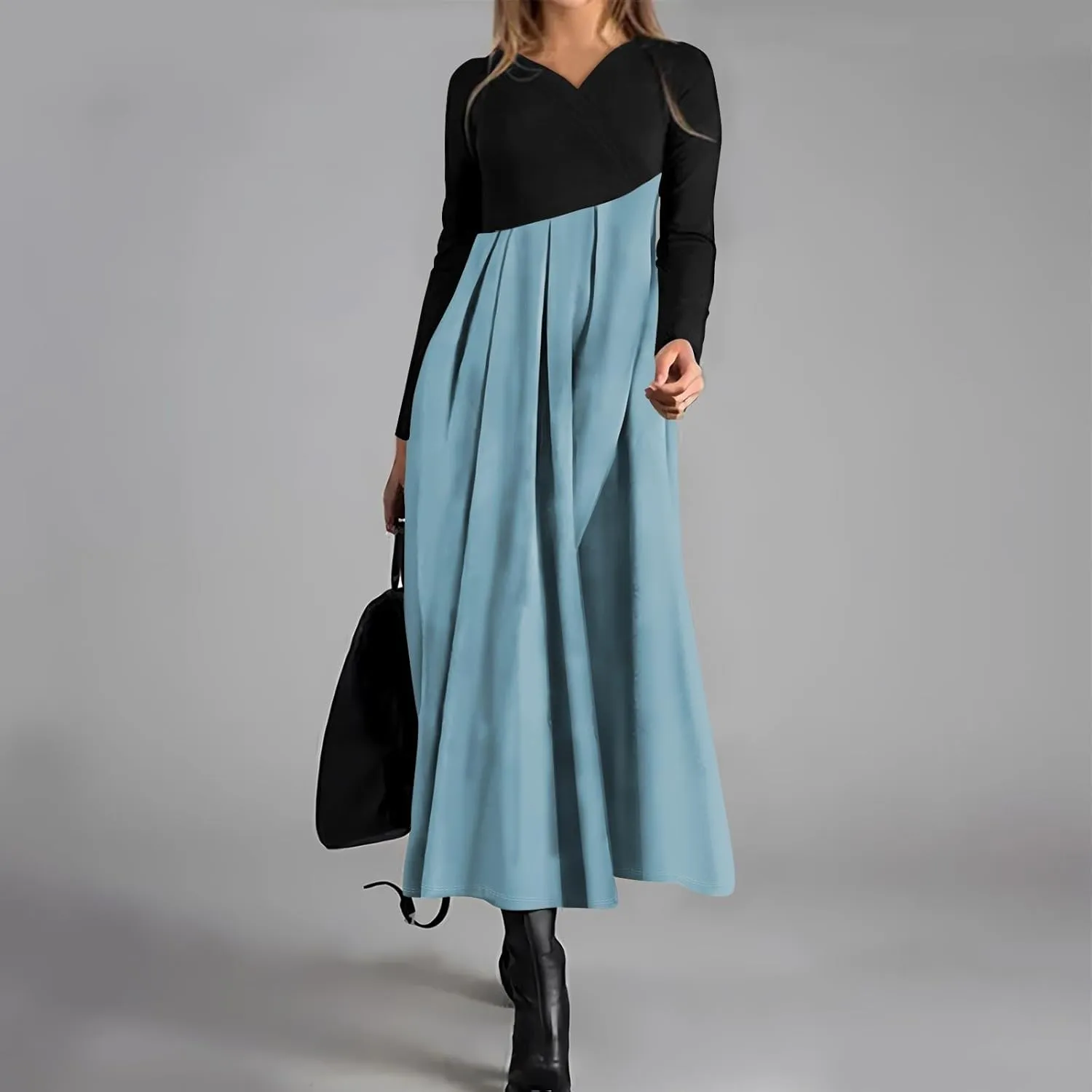 ZEFOTIM Long Sleeve Dresses for Women Color Block Dress for Women Summer Dresses Maxi Dresses V Neck Dresses Spring Dress