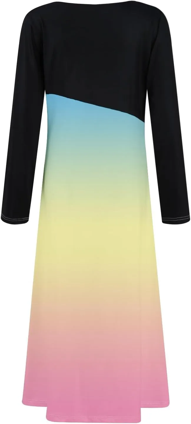 ZEFOTIM Long Sleeve Dresses for Women Color Block Dress for Women Summer Dresses Maxi Dresses V Neck Dresses Spring Dress