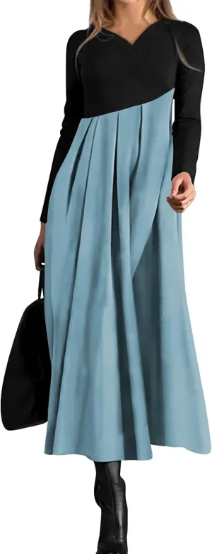 ZEFOTIM Long Sleeve Dresses for Women Color Block Dress for Women Summer Dresses Maxi Dresses V Neck Dresses Spring Dress