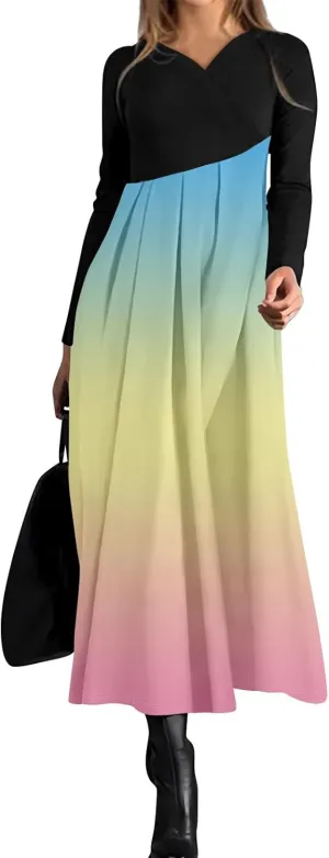 ZEFOTIM Long Sleeve Dresses for Women Color Block Dress for Women Summer Dresses Maxi Dresses V Neck Dresses Spring Dress