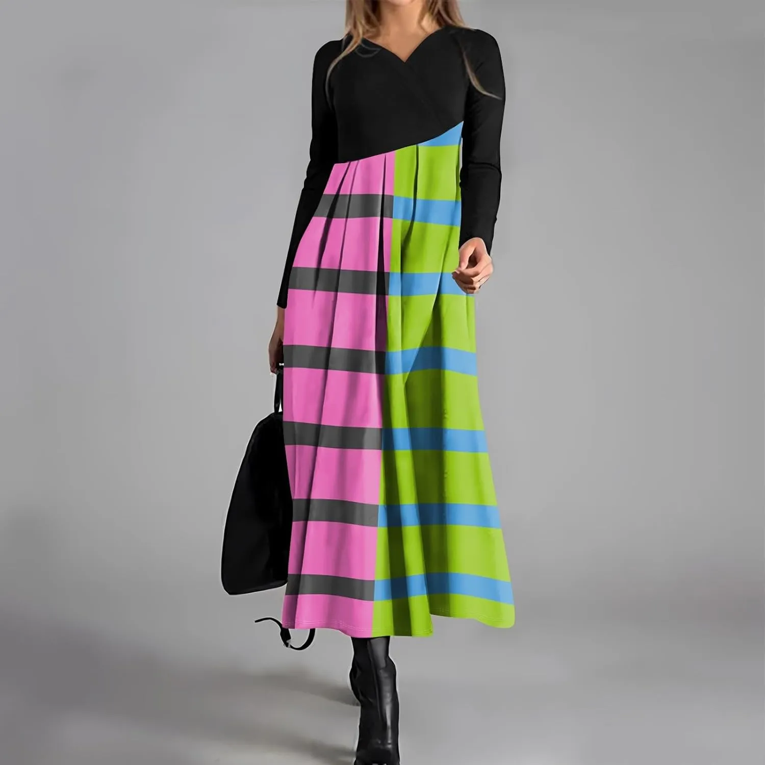 ZEFOTIM Long Sleeve Dresses for Women Color Block Dress for Women Summer Dresses Maxi Dresses V Neck Dresses Spring Dress