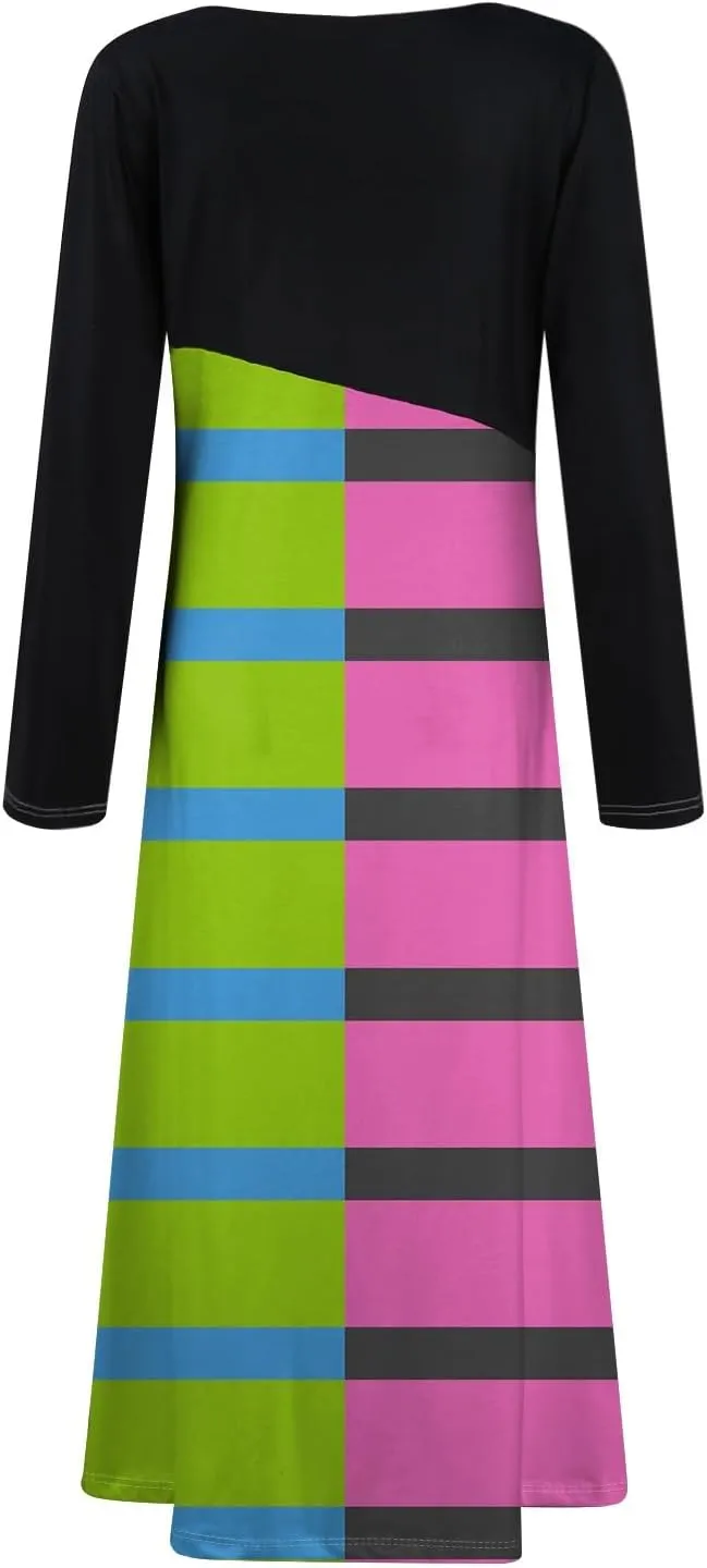 ZEFOTIM Long Sleeve Dresses for Women Color Block Dress for Women Summer Dresses Maxi Dresses V Neck Dresses Spring Dress