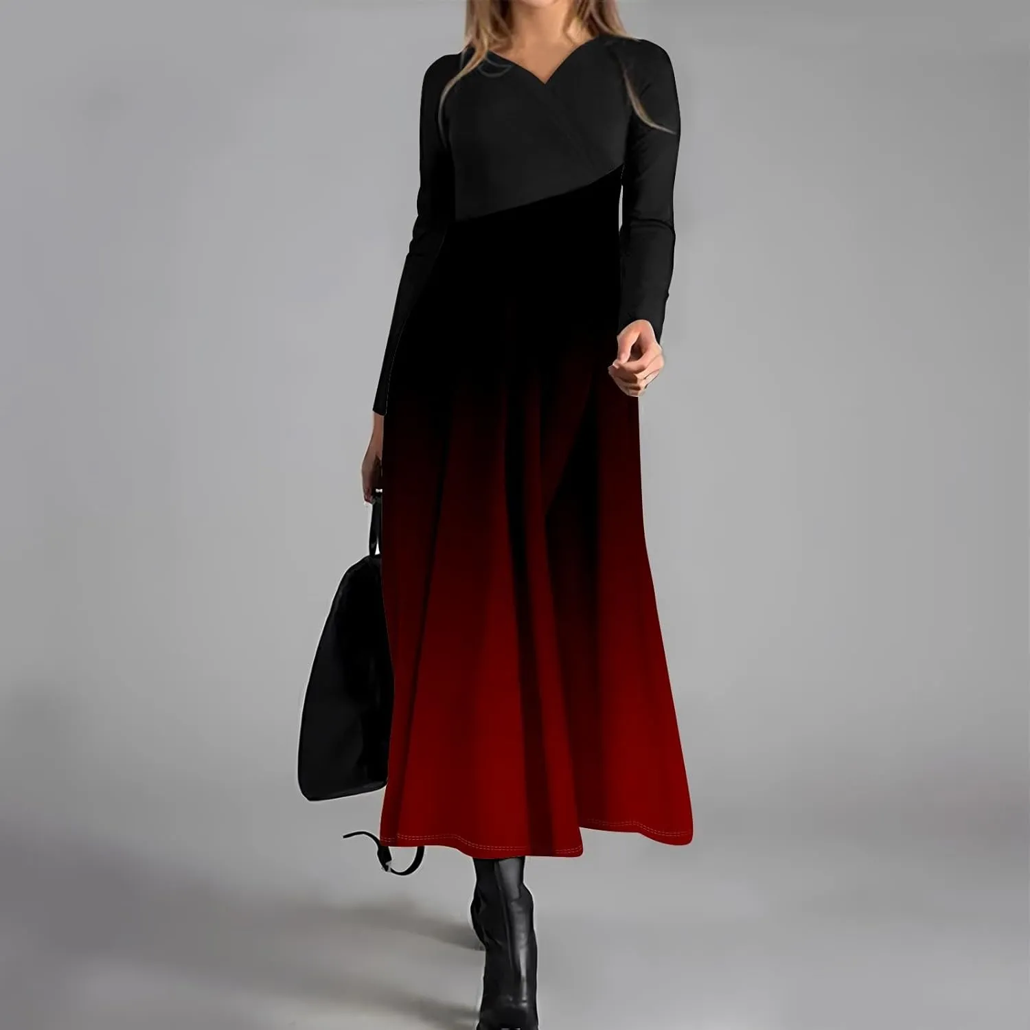 ZEFOTIM Long Sleeve Dresses for Women Color Block Dress Summer Dresses Maxi Dress V Neck Dress Spring Dresses for Women