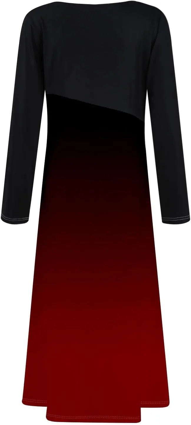 ZEFOTIM Long Sleeve Dresses for Women Color Block Dress Summer Dresses Maxi Dress V Neck Dress Spring Dresses for Women