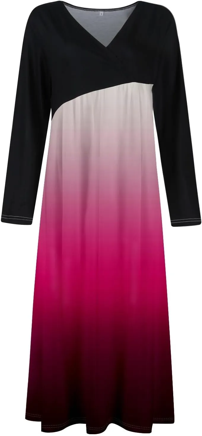 ZEFOTIM Long Sleeve Dresses for Women Color Block Dress Summer Dresses Maxi Dress V Neck Dress Spring Dresses for Women