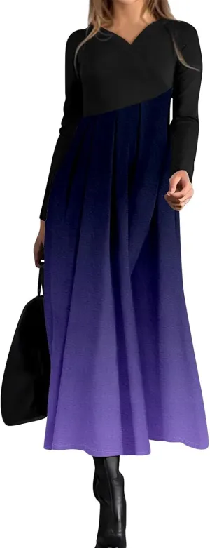 ZEFOTIM Long Sleeve Dresses for Women Color Block Dress Summer Dresses Maxi Dress V Neck Dress Spring Dresses for Women