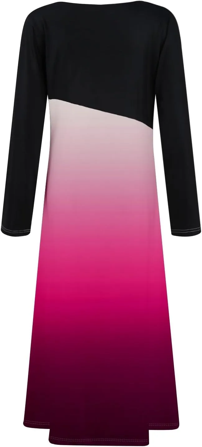 ZEFOTIM Long Sleeve Dresses for Women Color Block Dress Summer Dresses Maxi Dress V Neck Dress Spring Dresses for Women