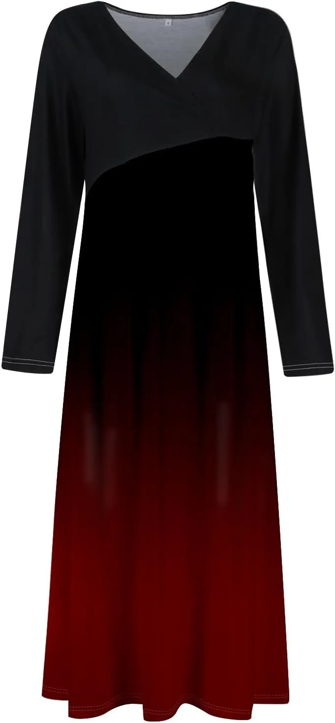 ZEFOTIM Long Sleeve Dresses for Women Color Block Dress Summer Dresses Maxi Dress V Neck Dress Spring Dresses for Women