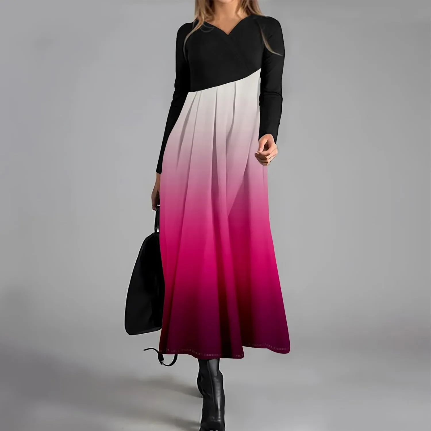 ZEFOTIM Long Sleeve Dresses for Women Color Block Dress Summer Dresses Maxi Dress V Neck Dress Spring Dresses for Women