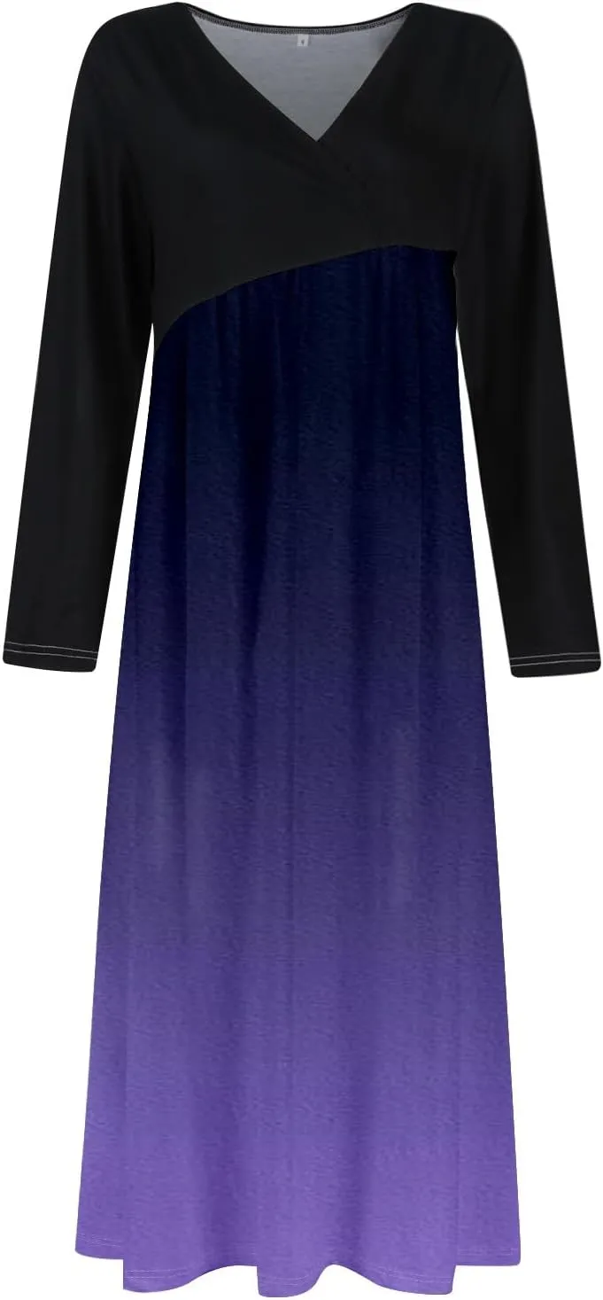 ZEFOTIM Long Sleeve Dresses for Women Color Block Dress Summer Dresses Maxi Dress V Neck Dress Spring Dresses for Women