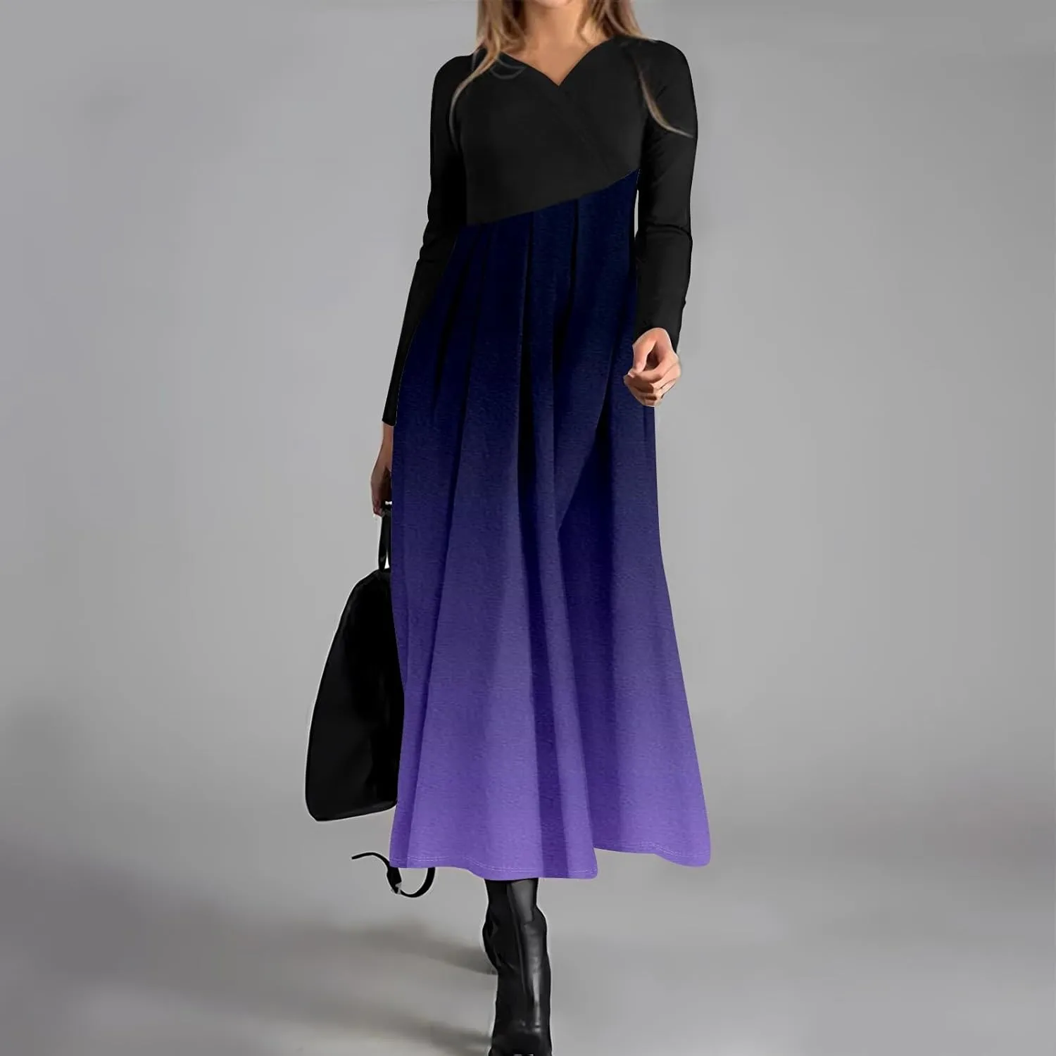 ZEFOTIM Long Sleeve Dresses for Women Color Block Dress Summer Dresses Maxi Dress V Neck Dress Spring Dresses for Women