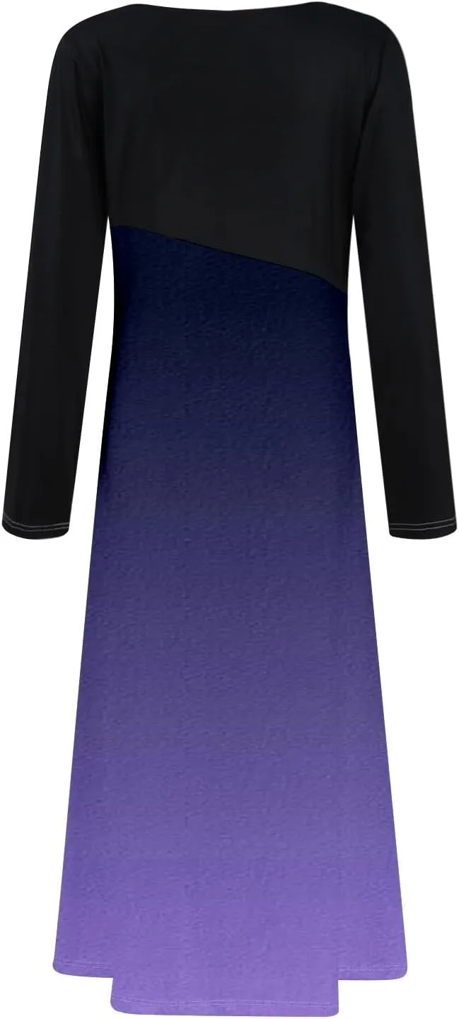 ZEFOTIM Long Sleeve Dresses for Women Color Block Dress Summer Dresses Maxi Dress V Neck Dress Spring Dresses for Women