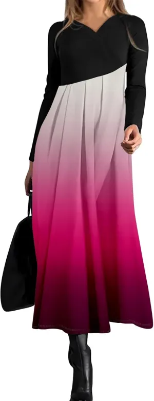 ZEFOTIM Long Sleeve Dresses for Women Color Block Dress Summer Dresses Maxi Dress V Neck Dress Spring Dresses for Women