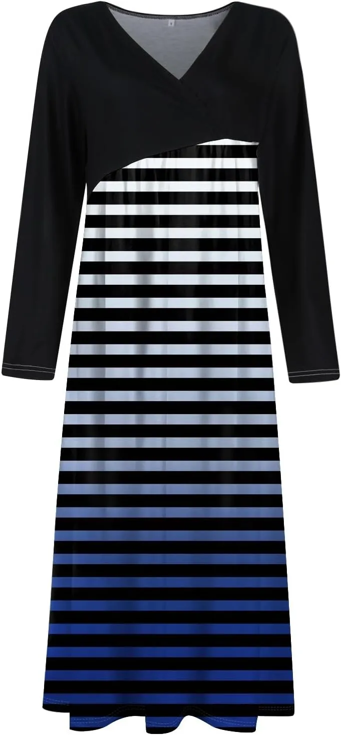 ZEFOTIM Long Sleeve Dresses for Women Color Block Dress Summer Dresses Maxi Dress V Neck Dresses Womens Spring Dresses 2025