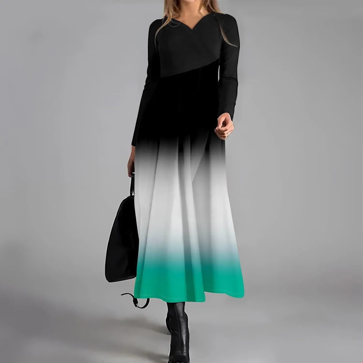 ZEFOTIM Long Sleeve Dresses for Women Color Block Dress Summer Dresses Maxi Dress V Neck Dresses Womens Spring Dresses 2025