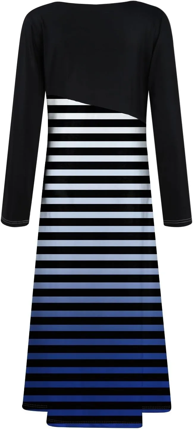 ZEFOTIM Long Sleeve Dresses for Women Color Block Dress Summer Dresses Maxi Dress V Neck Dresses Womens Spring Dresses 2025