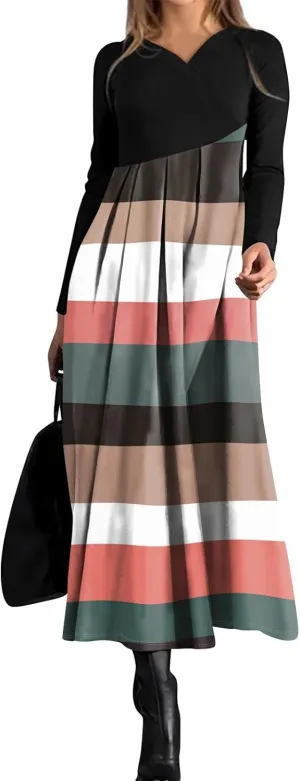 ZEFOTIM Long Sleeve Dresses for Women Color Block Dress Summer Dresses Maxi Dress V Neck Dresses Womens Spring Dresses 2025