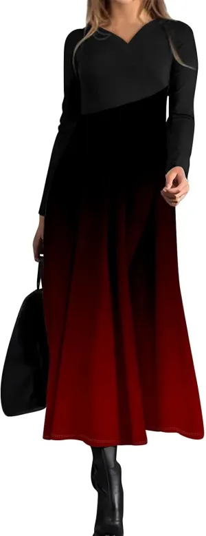 ZEFOTIM Long Sleeve Dresses for Women Color Block Dress Summer Dresses Maxi Dress V Neck Dresses Womens Spring Dresses 2025
