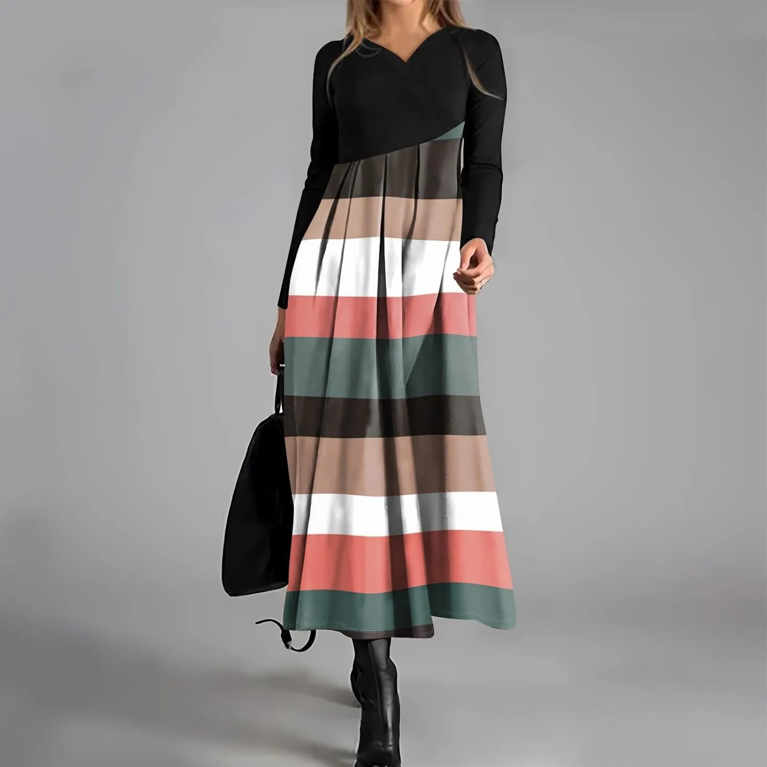 ZEFOTIM Long Sleeve Dresses for Women Color Block Dress Summer Dresses Maxi Dress V Neck Dresses Womens Spring Dresses 2025