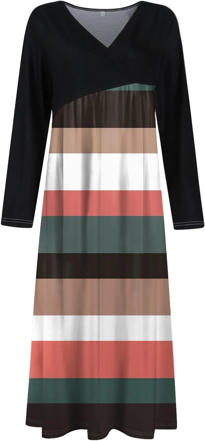 ZEFOTIM Long Sleeve Dresses for Women Color Block Dress Summer Dresses Maxi Dress V Neck Dresses Womens Spring Dresses 2025