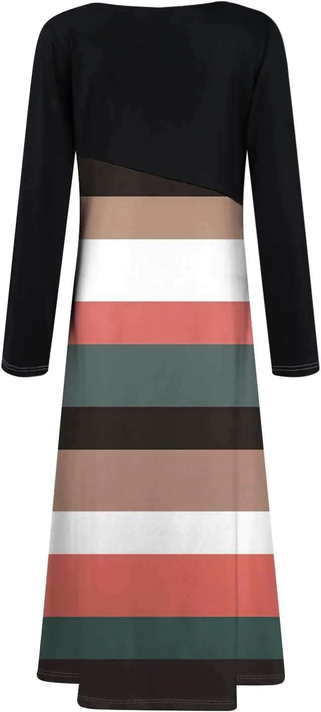 ZEFOTIM Long Sleeve Dresses for Women Color Block Dress Summer Dresses Maxi Dress V Neck Dresses Womens Spring Dresses 2025