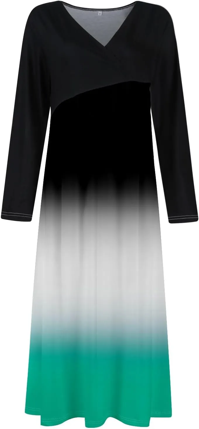 ZEFOTIM Long Sleeve Dresses for Women Color Block Dress Summer Dresses Maxi Dress V Neck Dresses Womens Spring Dresses 2025