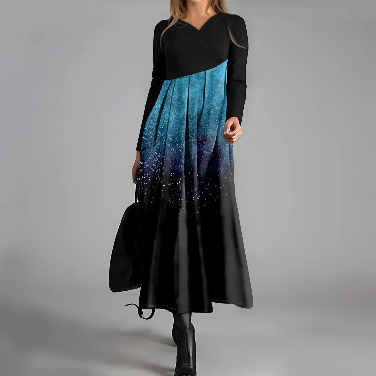 ZEFOTIM Womens Long Sleeve Dresses Colorblock Printing Dress for Women Summer Dresses Maxi Dress V Neck Dress Spring Dress