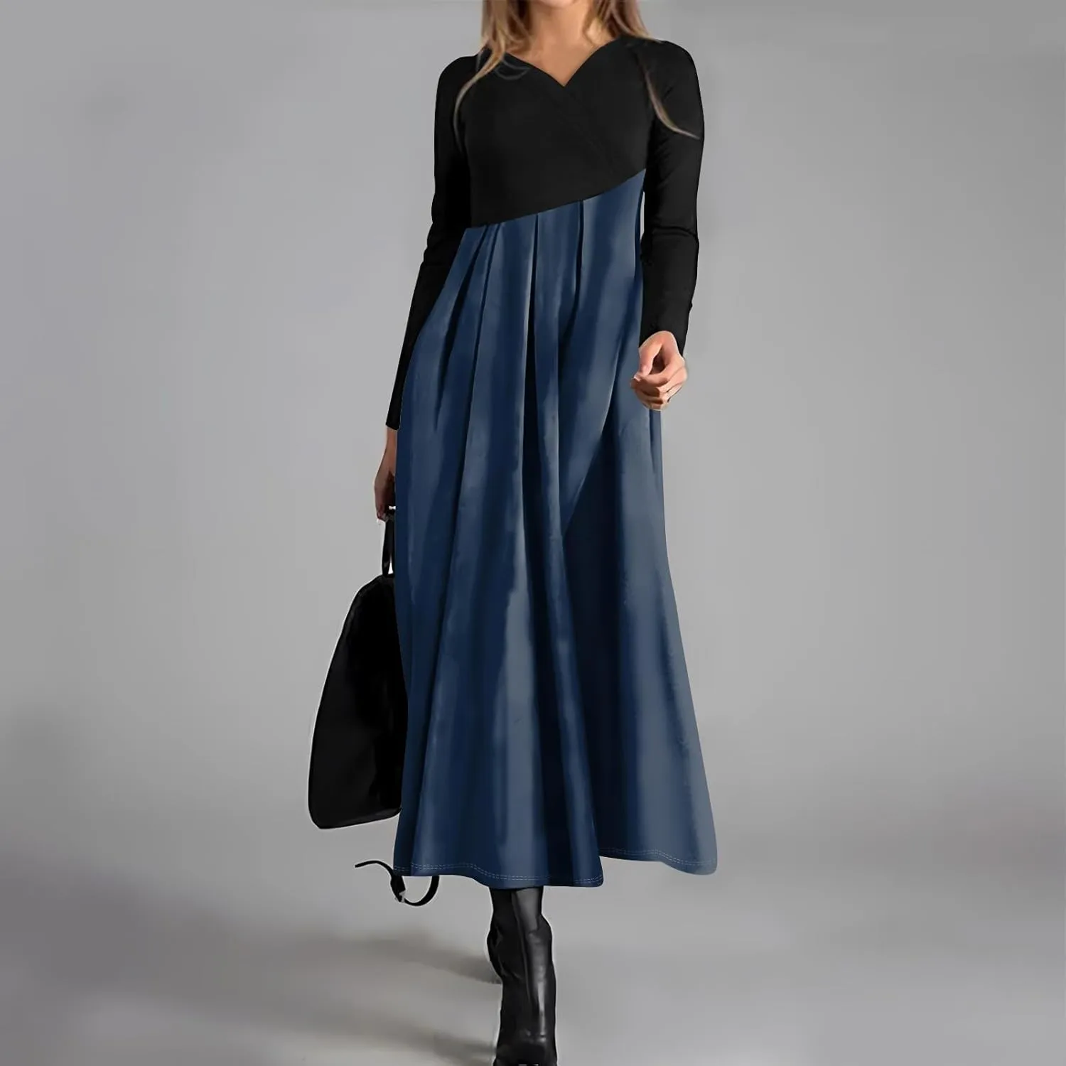 ZEFOTIM Womens Long Sleeve Dresses Colorblock Printing Dress for Women Summer Dresses Maxi Dress V Neck Dress Spring Dress