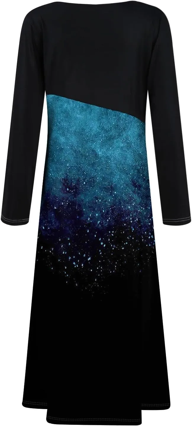 ZEFOTIM Womens Long Sleeve Dresses Colorblock Printing Dress for Women Summer Dresses Maxi Dress V Neck Dress Spring Dress