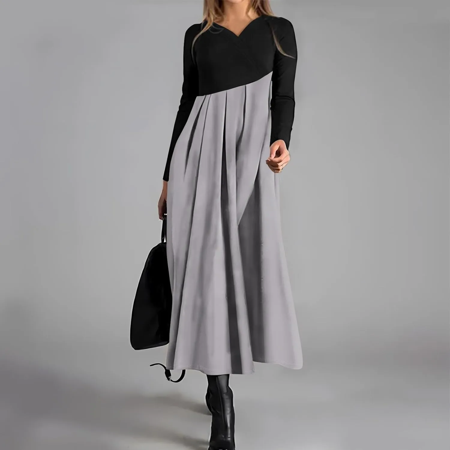 ZEFOTIM Womens Long Sleeve Dresses Colorblock Printing Dress for Women Summer Dresses Maxi Dress V Neck Dress Spring Dress