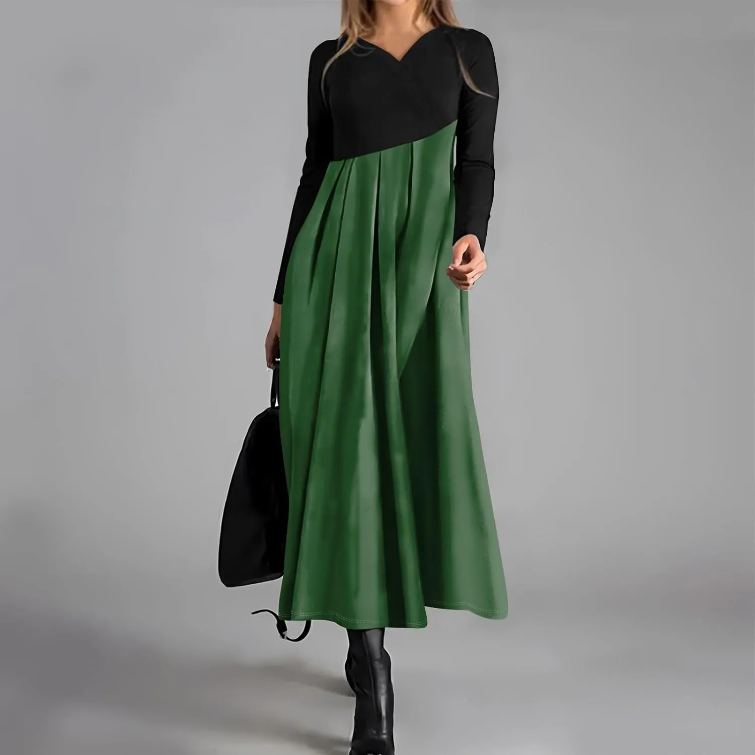 ZEFOTIM Womens Long Sleeve Dresses Colorblock Printing Dress for Women Summer Dresses Maxi Dress V Neck Dress Spring Dress