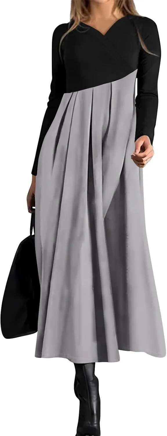 ZEFOTIM Womens Long Sleeve Dresses Colorblock Printing Dress for Women Summer Dresses Maxi Dress V Neck Dress Spring Dress