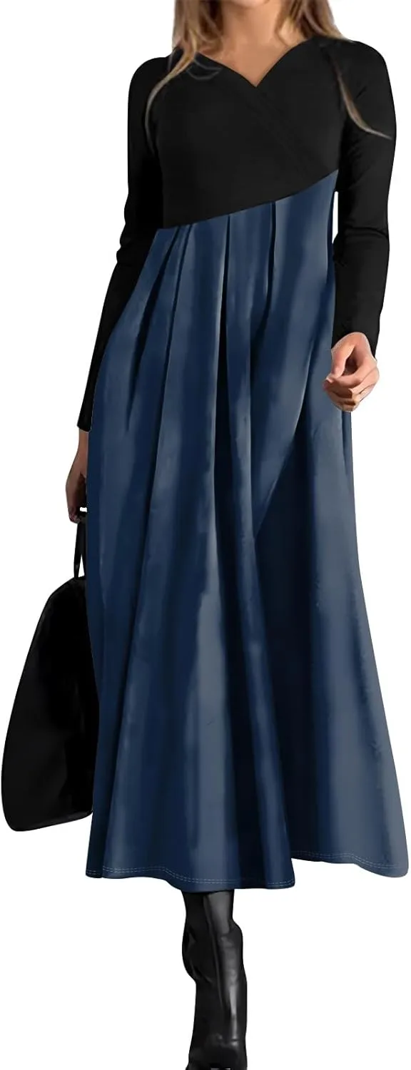 ZEFOTIM Womens Long Sleeve Dresses Colorblock Printing Dress for Women Summer Dresses Maxi Dress V Neck Dress Spring Dress