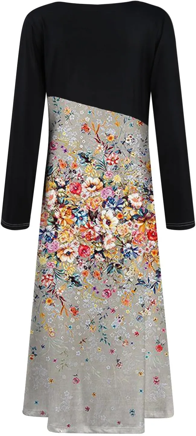 ZEFOTIM Womens Long Sleeve Dresses Colorblock Printing Dress for Women Summer Dresses Maxi Dress V Neck Dress Spring Dress