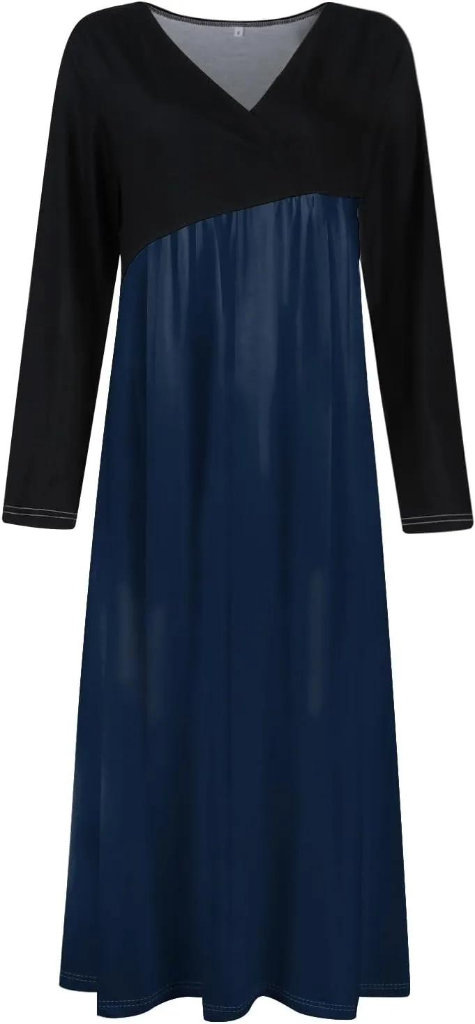 ZEFOTIM Womens Long Sleeve Dresses Colorblock Printing Dress for Women Summer Dresses Maxi Dress V Neck Dress Spring Dress