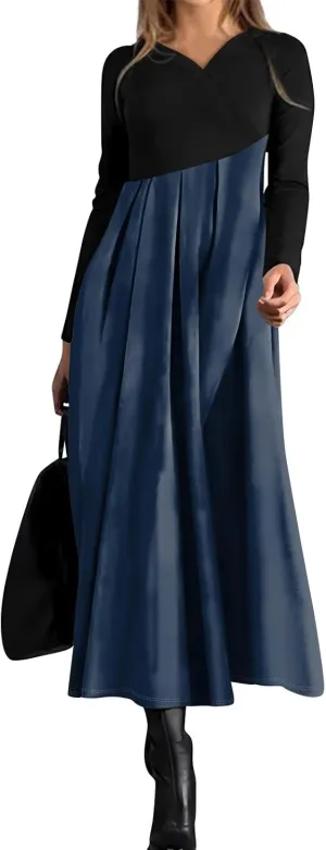 ZEFOTIM Womens Long Sleeve Dresses Colorblock Printing Dress for Women Summer Dresses Maxi Dress V Neck Dress Spring Dress
